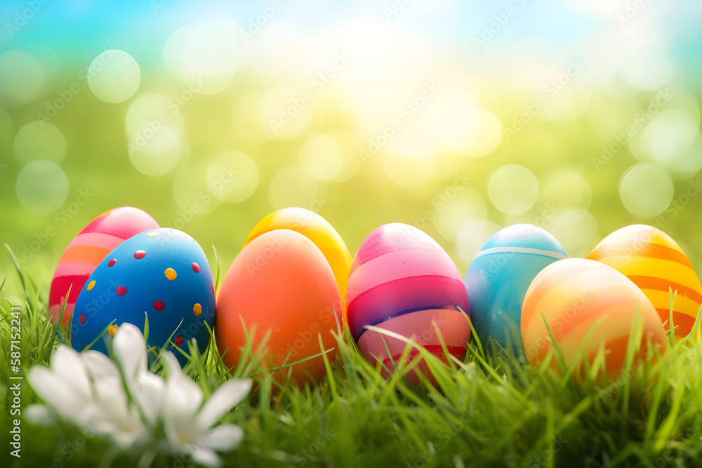 a group of colorful easter eggs sitting on top of a lush green field 