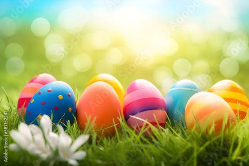 a group of colorful easter eggs sitting on top of a lush green field 