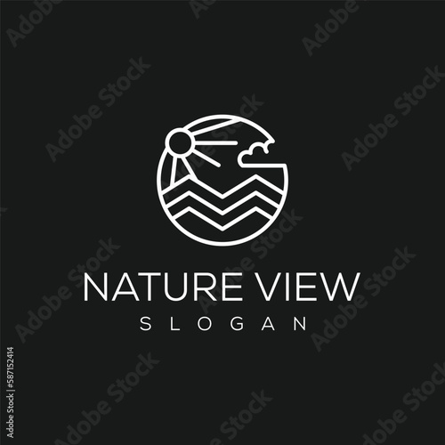 Illustration Sun, Mountain and Hill Abstract Panorama Vintage Logo Badge.