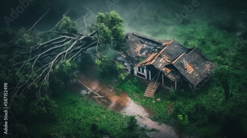 A view from above of a home destroyed by a tornado. Generative AI. 