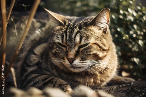 a little grainy full face photograph of a striped cat napping in the yard. Generative AI