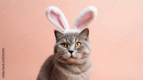 A cat wearing a bunny ears sits on a pink background. Generative AI