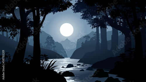 River in the moonlight. Night in forest with river and full moon