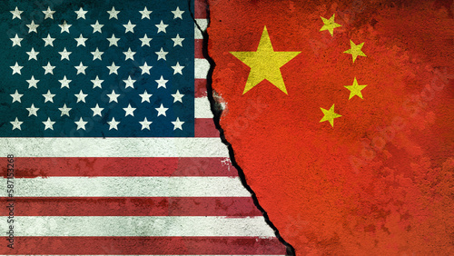 USA and China Flags Painted on Cracked Wall. Economic Diplomacy, Global Trade and Relationship Concept. High Resolution.	
