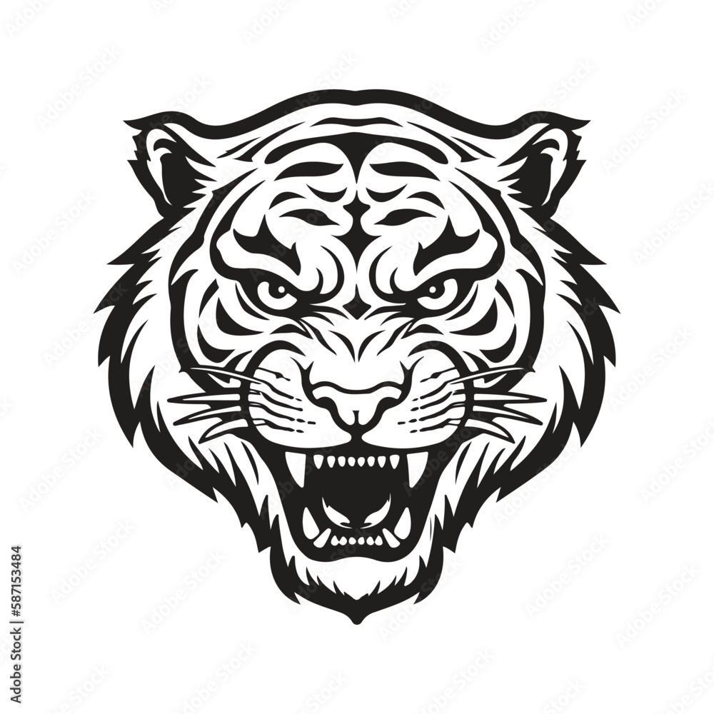 angry tiger, logo concept black and white color, hand drawn illustration