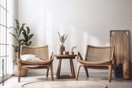 Two wooden chairs against empty white wall  rustic living room mockup . Generative AI