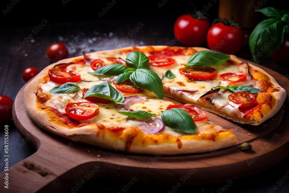 Realistic pizza with tomato and basil on table