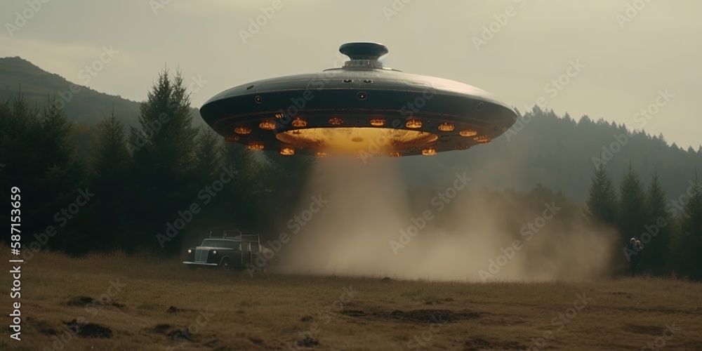 Unidentified flying object UFO. Flying saucer sightings and abduction of people in farm landscapes. Generative AI Unidentified flying object UFO. Flying saucer sightings and abduction of people in farm landscapes. Generative AI