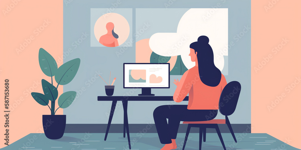 person sitting at their computer, talking to mental health professional through video conference. professional can be shown on screen, with patient in small window in corner. Generative AI. person sitting at their computer, talking to mental health professional through video conference. professional can be shown on screen, with patient in small window in corner. Generative AI.
