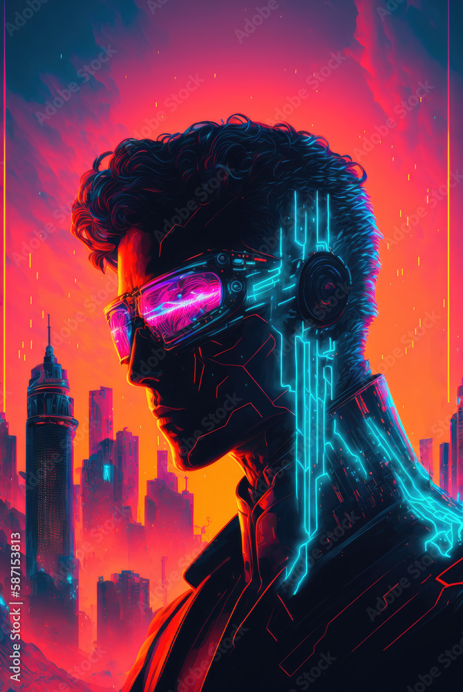 Fototapeta premium Human silhouette with VR goggles and AI interface in future city by generative AI