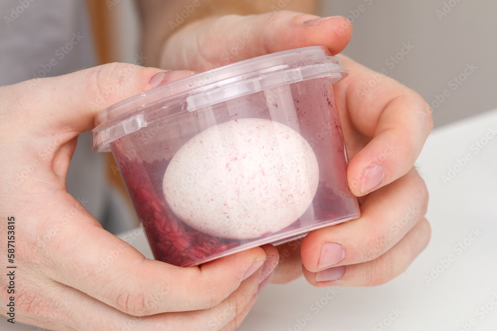 man lays an egg and shakes container rice color egg. unusual way coloring and decorating Easter eggs