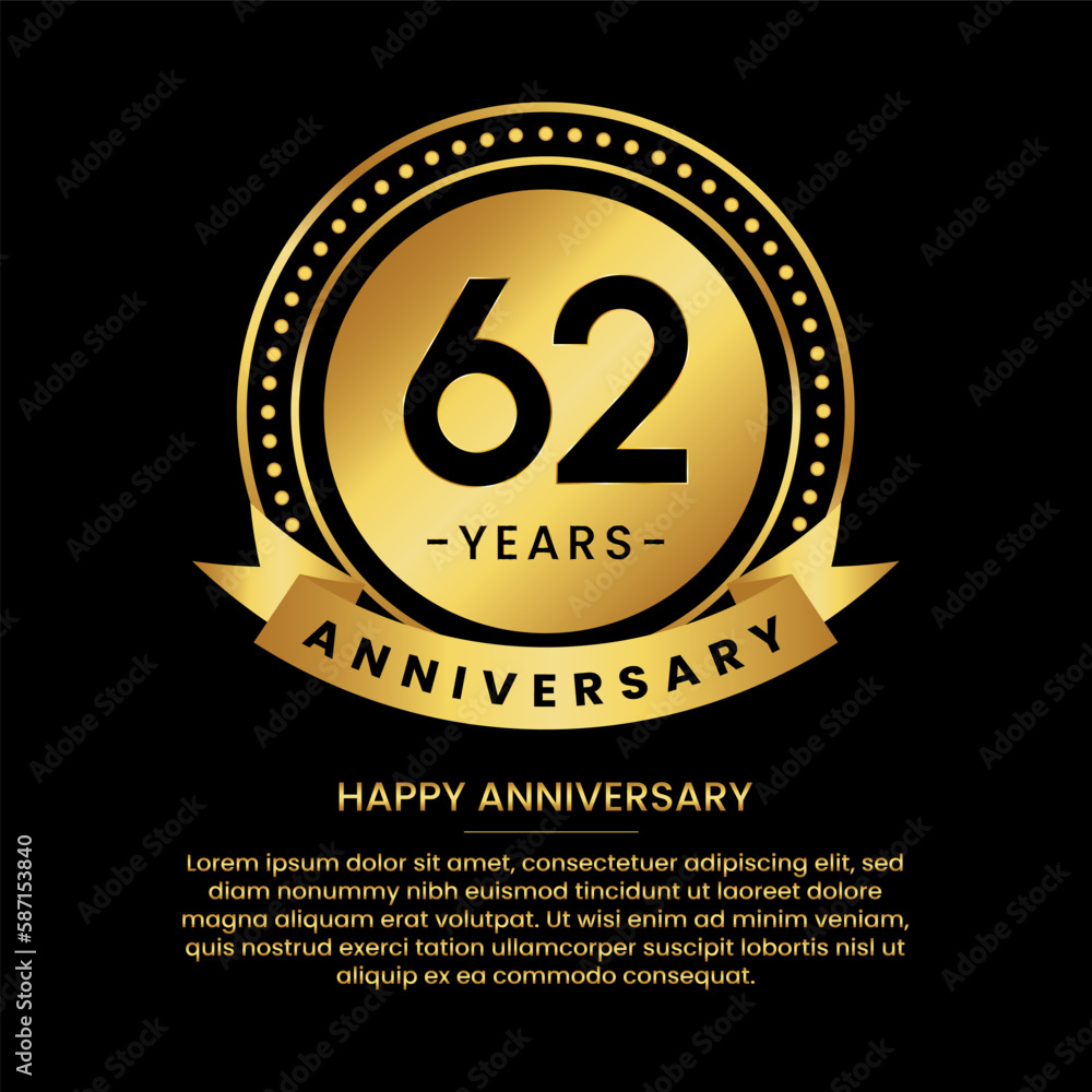 62 years anniversary banner with luxurious golden circles and halftone on a black background and replaceable text speech 62 years anniversary banner with luxurious golden circles and halftone on a black background and replaceable text speech