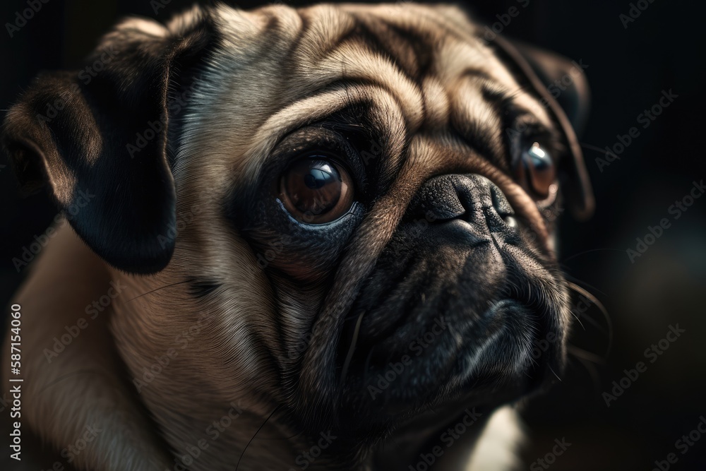 Pug portrait, adorable close up pug. Generative AI