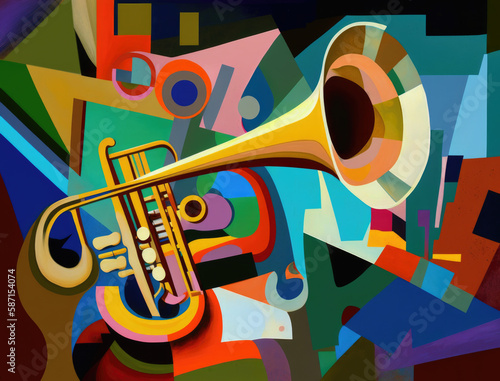 Abstract, colorful geometric collage of a brass trumpet. Illustration created with Generative AI technology. 