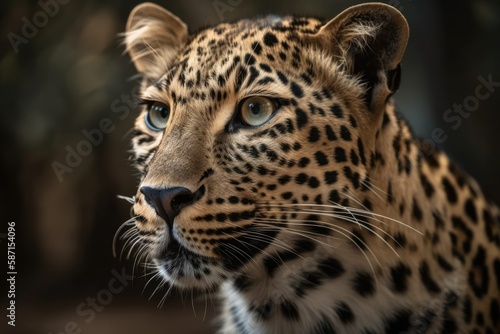 A close up portrait of a leopard with beautiful patches. Generative AI