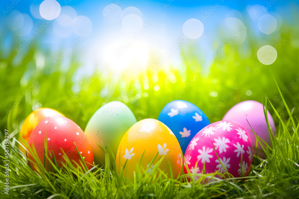 a bunch of colorful easter eggs in the grass 