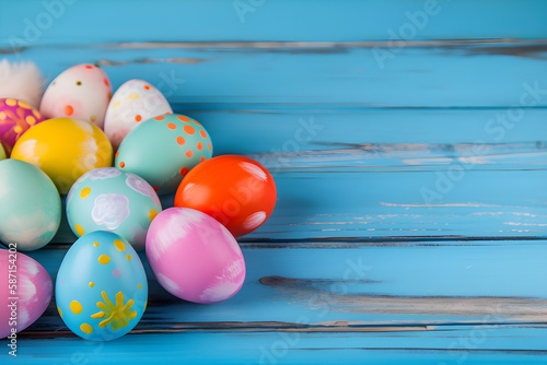 a bunch of colorful easter eggs on a blue wooden table 