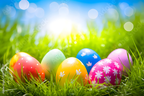 a bunch of colorful easter eggs in the grass 