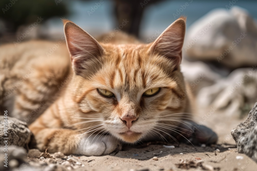 Headshot of a cute orange tabby cat laying on its back in the beach in the Plakka woodland on the Greek island of Kos. Generative AI