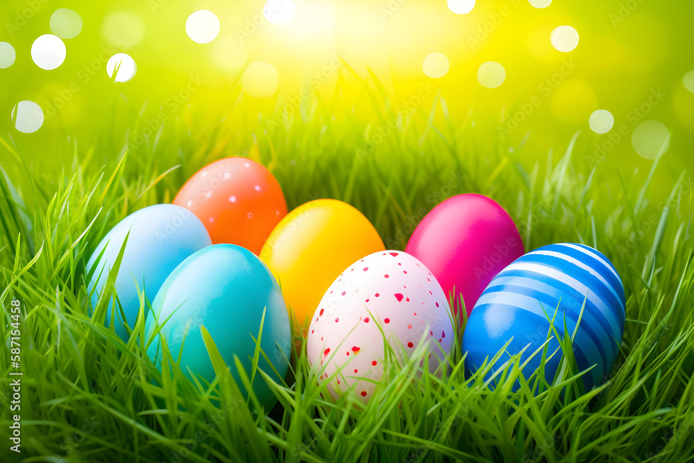 Fototapeta premium a bunch of colorful easter eggs in the grass 