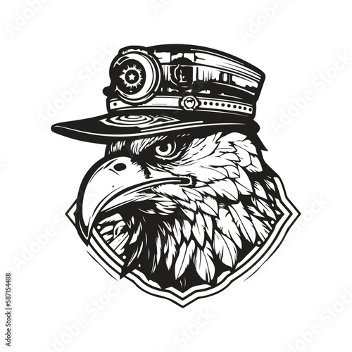eagle wearing steampunk hat, logo concept black and white color, hand drawn illustration