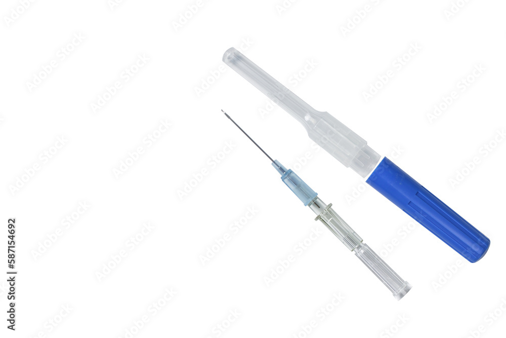 IV catheter with blue needle sheath placed isolate on white background. IV catheter with blue needle sheath placed isolate on white background.