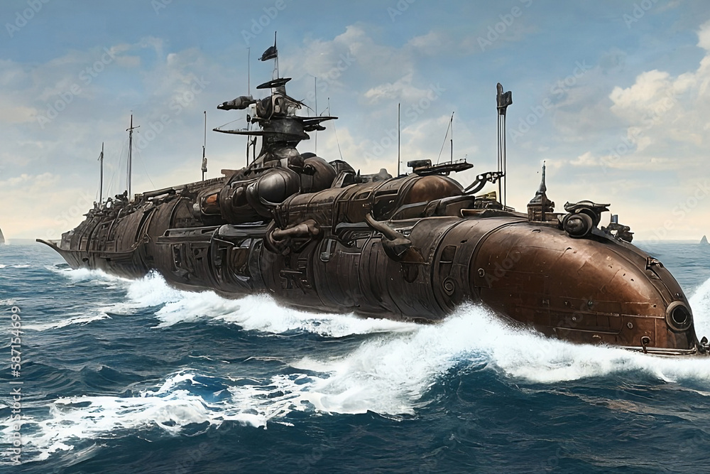 steampunk battleship in the sea, generative ai Stock Illustration ...