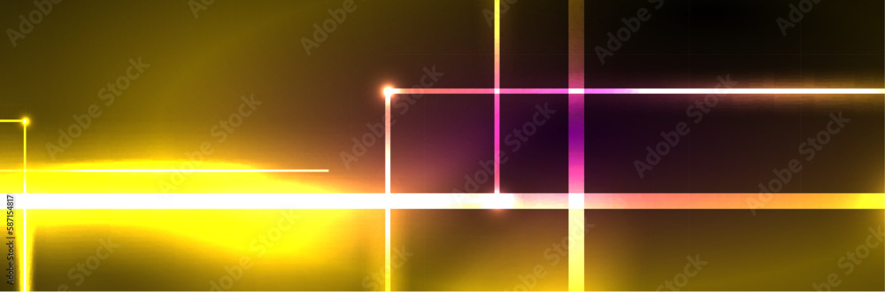Fototapeta premium Shiny neon lights, dark abstract background with blurred magic neon light curved lines