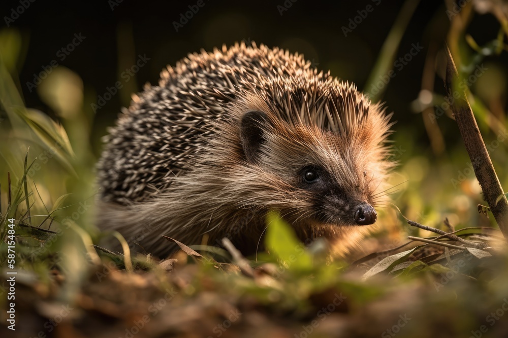 Fototapeta premium Hedgehog scurrying through the grass. Generative AI
