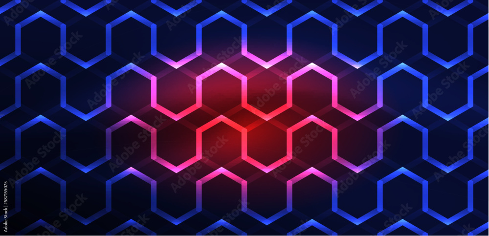 Hexagon abstract background. Techno glowing neon hexagon shapes vector illustration for wallpaper, banner, background, landing page, wall art, invitation, prints, posters Hexagon abstract background. Techno glowing neon hexagon shapes vector illustration for wallpaper, banner, background, landing page, wall art, invitation, prints, posters