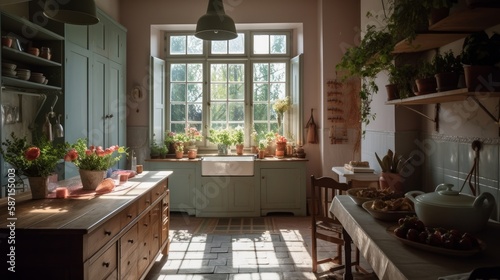 A small but beautifully designed kitchen illustration with beautiful light and plants. Generative AI. 