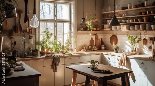 A small but beautifully designed kitchen illustration with beautiful light and plants. Generative AI.  © Elle Arden 