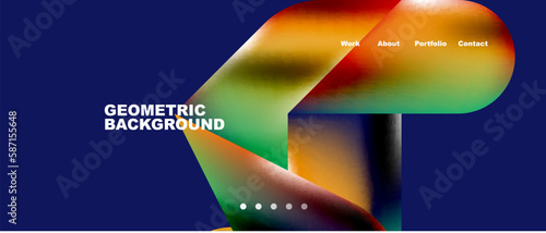 Glassmorphism landing page background template. Colorful glass shapes with metallic effect abstract composition for wallpaper, banner, background