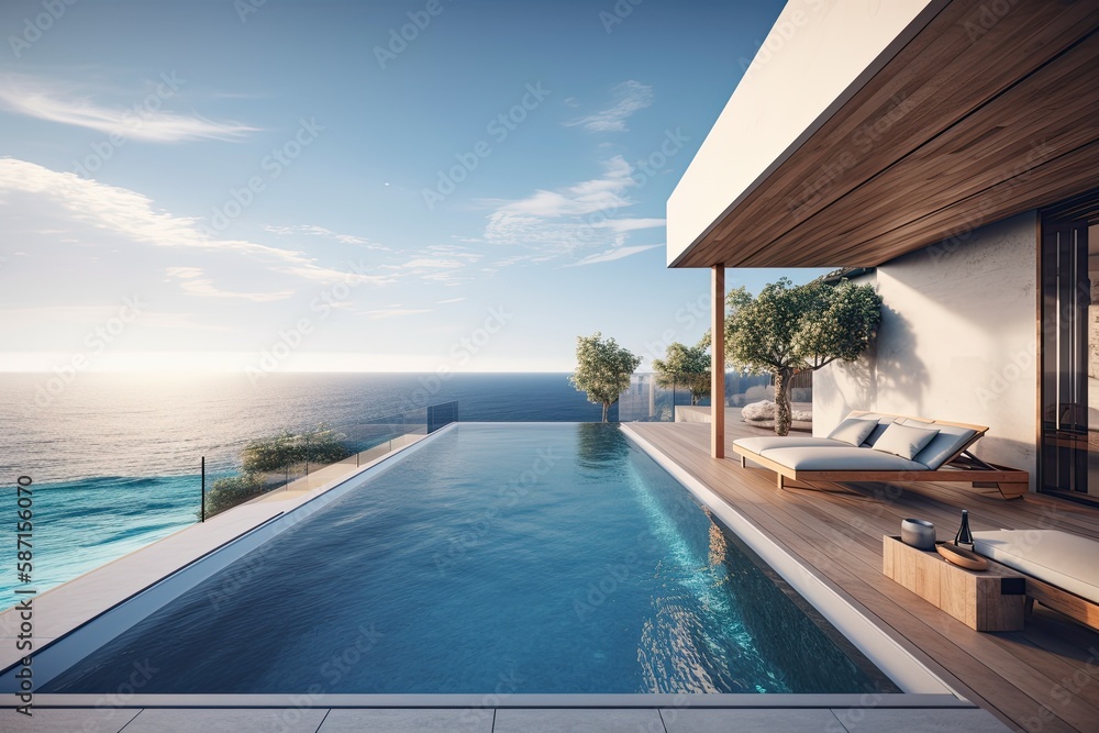 Fototapeta premium spacious swimming pool situated adjacent to the vast ocean with a scenic view. Generative AI