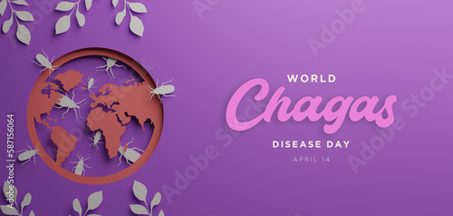 World Chagas disease Day poster with silhouettes of chagas insect in paper cut and copy space. 3d render illustration.