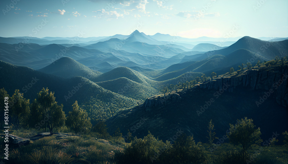 Obraz premium Scenic view of blue ridge mountains 3d rendering. Generative AI