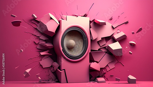 Pink wall breaks from sound with loudspeaker illustration. Generative AI