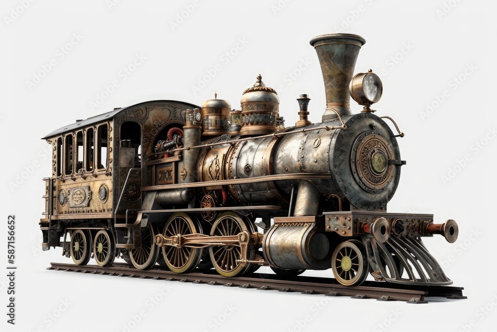 antique steam locomotive on a plain white background. Generative AI