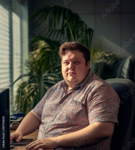 Man Sitting at Computer in Office Near Indoor Plants, Photorealistic Person Illustration [Generative AI]