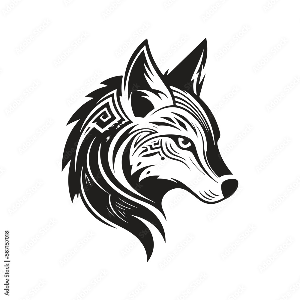 Fototapeta premium fox tribal, logo concept black and white color, hand drawn illustration