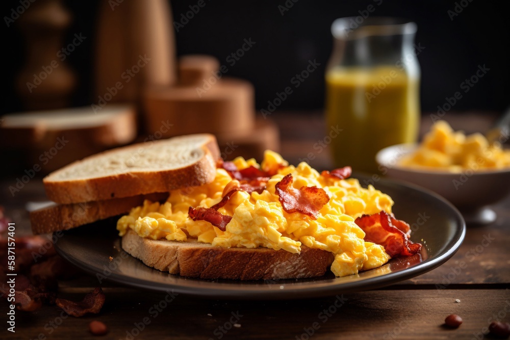 Scrambled egg with bred on plate Scrambled egg with bred on plate