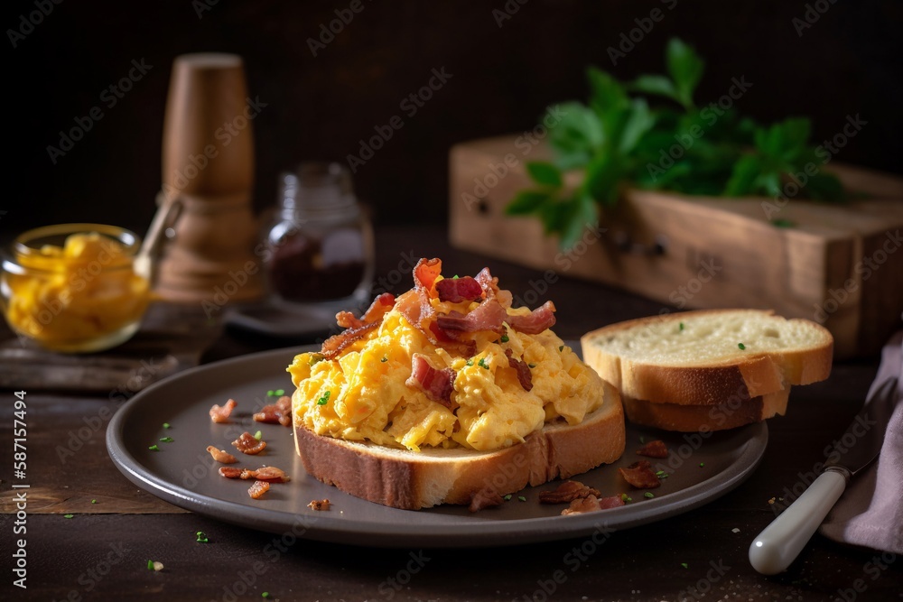 Fototapeta premium Scrambled egg with bred on plate