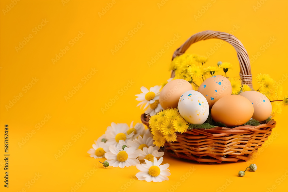 a basket filled with eggs and flowers on a yellow background 