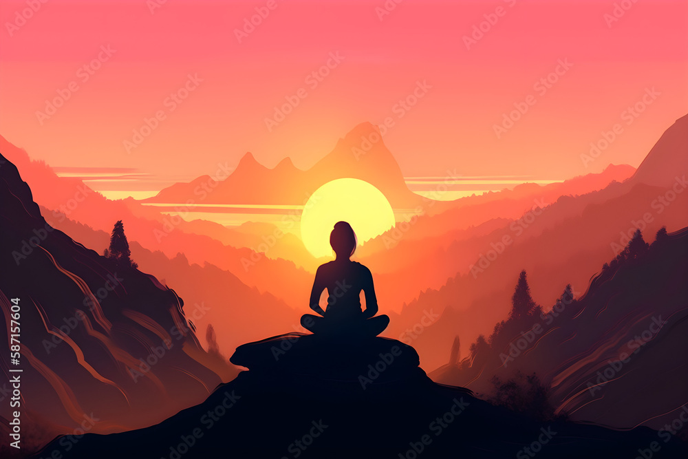 A monk sits in lotus pose in the sunset, person practices yoga and meditation radiating energy. Abstract illustration.
Generative AI.