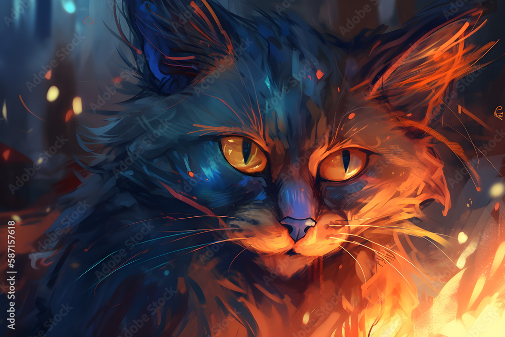 Anime cat portrait with rage in the eyes, oil painting, fire in the eye, orange blue theme.
Generative AI. 