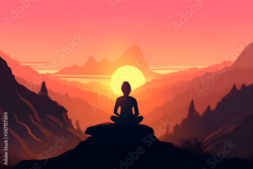 A monk sits in lotus pose in the sunset  person practices yoga and meditation radiating energy. Abstract illustration. Generative AI.