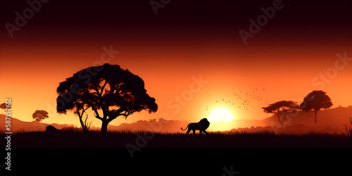 African landscape at sunset with silhouette of a big adult lion roaring. National geographic.  Generative AI. 