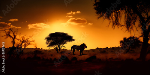 African landscape at sunset with silhouette of a big adult lion roaring. National geographic.  Generative AI.  © sam
