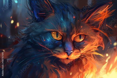 Anime cat portrait with rage in the eyes, oil painting, fire in the eye, orange blue theme. Generative AI. 