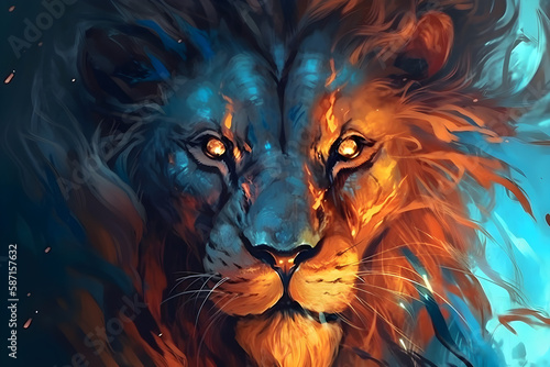Anime lion portrait with rage in the eyes  oil painting  fire in the eye  orange blue theme. Generative AI. 